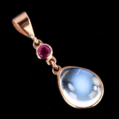 558 - A modern 9ct gold moonstone and ruby drop pendant, set with pear cabochon moonstone and round-cut ru... 