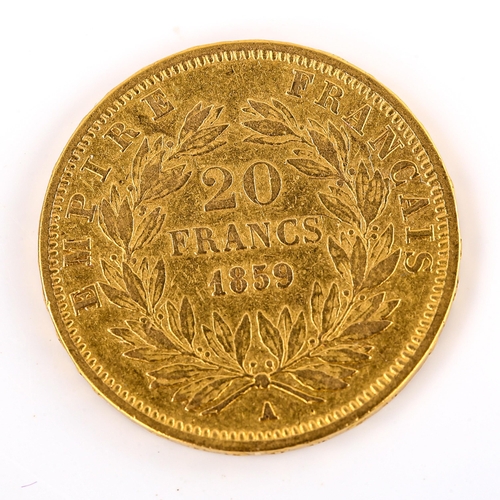 572 - A Napoleon III 1859 French Empire 20 francs gold coin, diameter 21.3mm, 6.3g