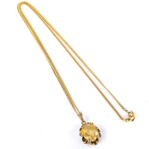 574 - A late 20th century 9ct gold citrine pendant necklace, set with oval mixed-cut citrine on fine 18ct ... 