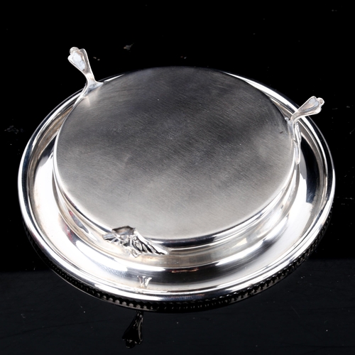 579 - A small Elizabeth II silver pin dish, a modern unmarked silver and onyx pillbox, and a Danish silver... 