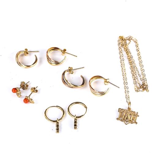 582 - Various gold jewellery, including 2 pairs of 3-colour 9ct gold hoop earrings etc, 3.7g total