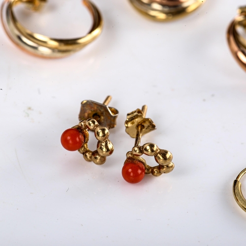 582 - Various gold jewellery, including 2 pairs of 3-colour 9ct gold hoop earrings etc, 3.7g total