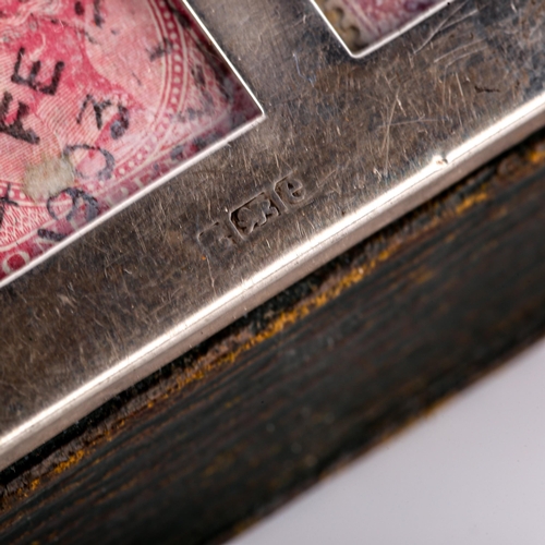 587 - 2 Edwardian silver-mounted leather desk stamp boxes, largest width 8cm, both hallmarks Birmingham 19... 