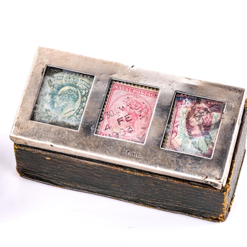 587 - 2 Edwardian silver-mounted leather desk stamp boxes, largest width 8cm, both hallmarks Birmingham 19... 