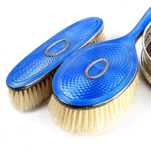 589 - Various silver, including 2 Art Deco blue enamel dressing table brushes, import hallmarks London 192... 