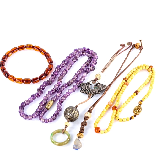 596 - Various bead necklaces, amber bracelet, Chinese jade ring etc (5)