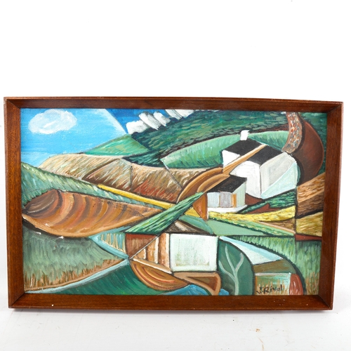 1303 - J Rival, 3 oils on canvas and board, abstract landscapes, largest 28cm x 46cm, 1 framed