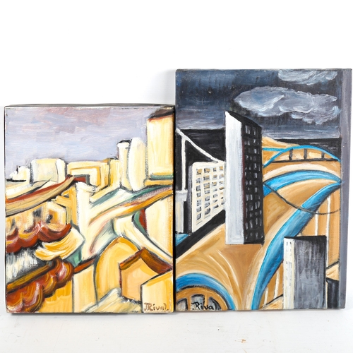 1303 - J Rival, 3 oils on canvas and board, abstract landscapes, largest 28cm x 46cm, 1 framed