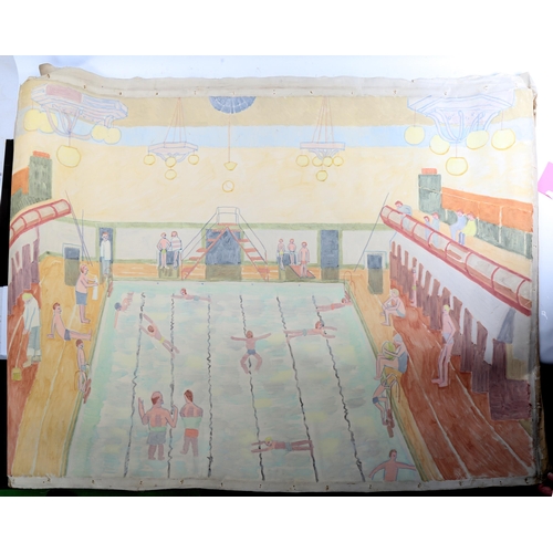 1304 - Mary Margaret Hurrell, unstretched oil on canvas, swimming baths, 90cm across