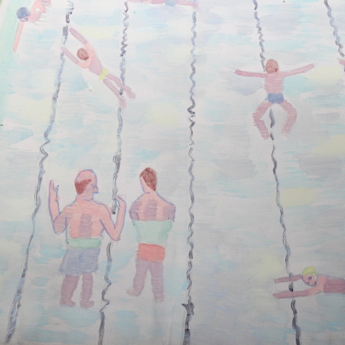 1304 - Mary Margaret Hurrell, unstretched oil on canvas, swimming baths, 90cm across