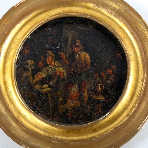 1306 - 19th century circular oil on wood panel, tavern interior scene, unsigned, original gilt frame, overa... 