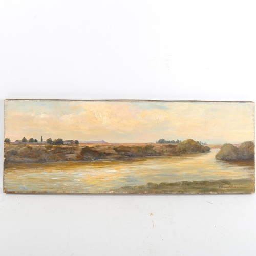 1323 - E Percival Clark, oil on canvas, river landscape, circa 1900, signed, 20cm x 55cm, unframed