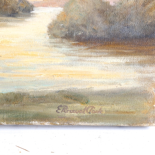 1323 - E Percival Clark, oil on canvas, river landscape, circa 1900, signed, 20cm x 55cm, unframed