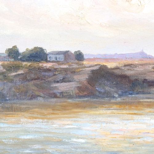 1323 - E Percival Clark, oil on canvas, river landscape, circa 1900, signed, 20cm x 55cm, unframed