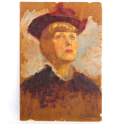 1327 - Derek Fowler (1919 - 1990), oil on paper laid on board, portrait of a woman, signed, 47cm x 33cm, un... 