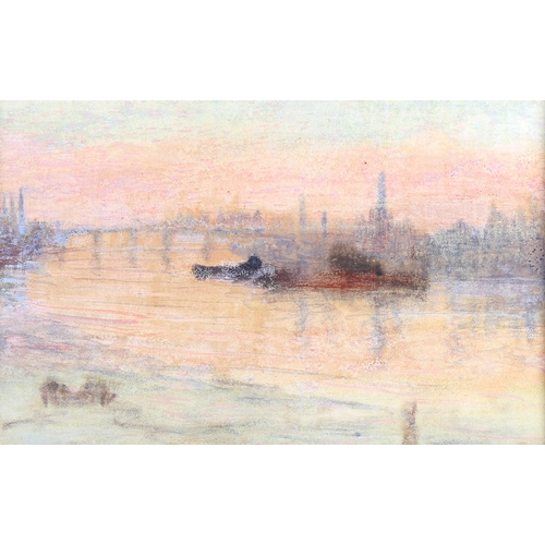 1329 - J C Hebbert, watercolour, impressionist Thames view, artist's label verso, 22cm x 35cm, framed