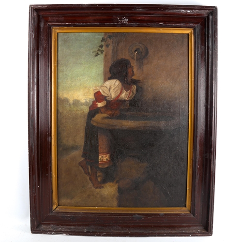 1334 - 19th century European School oil on canvas, girl at the fountain, unsigned, 60cm x 45cm, framed