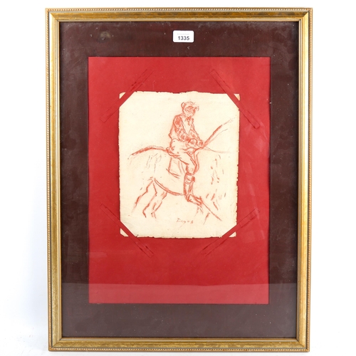 1335 - Manner of Degas, sanguine chalk on handmade paper, horse and jockey, bears signature, 27cm x 22cm, f... 