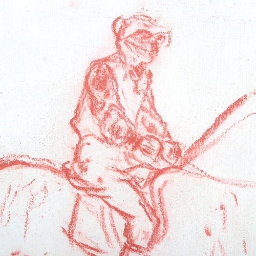 1335 - Manner of Degas, sanguine chalk on handmade paper, horse and jockey, bears signature, 27cm x 22cm, f... 