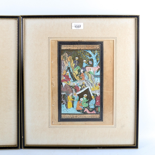 1337 - Indian Mughal School, pair of watercolours on paper, Court scenes with text inscriptions, image 28cm... 