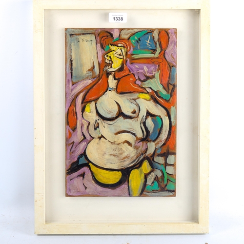 1338 - Style of Willem De Kooning, oil on board, nude, bears signed, 37cm x 24cm, framed