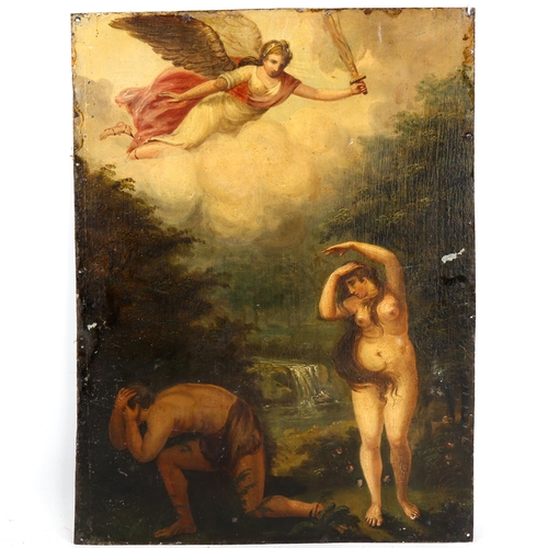 1341 - 19th century oil on tin, Classical study with angel, with another painting on reverse, 43cm x 32cm, ... 