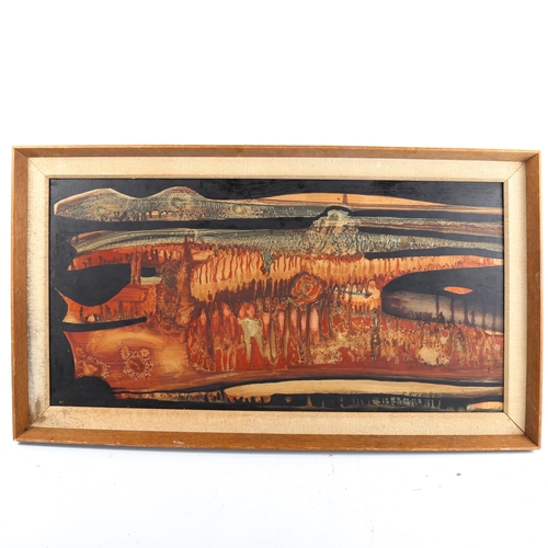 1342 - Mid-20th century oil on board, abstract composition, unsigned, 36cm x 69cm, framed