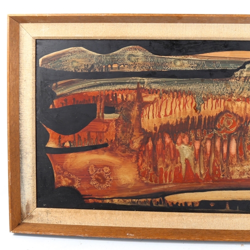 1342 - Mid-20th century oil on board, abstract composition, unsigned, 36cm x 69cm, framed