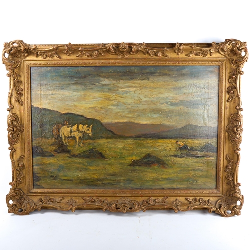 1344 - Oil on canvas, farmer and horses in the fields, signed with monogram, 50cm x 75cm, framed