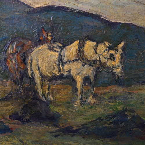 1344 - Oil on canvas, farmer and horses in the fields, signed with monogram, 50cm x 75cm, framed