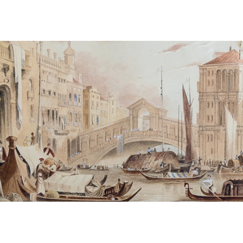 1347 - 19th century sepia watercolour, Rialto Bridge Venice, unsigned, 14cm x 20cm, framed