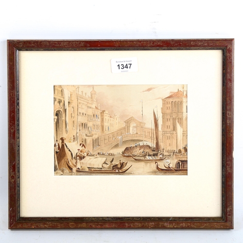 1347 - 19th century sepia watercolour, Rialto Bridge Venice, unsigned, 14cm x 20cm, framed