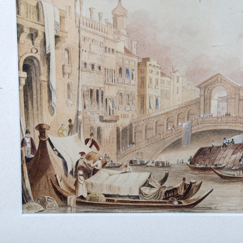 1347 - 19th century sepia watercolour, Rialto Bridge Venice, unsigned, 14cm x 20cm, framed