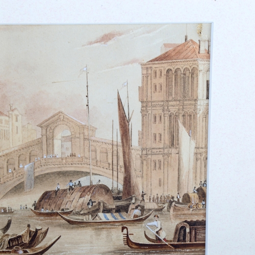 1347 - 19th century sepia watercolour, Rialto Bridge Venice, unsigned, 14cm x 20cm, framed