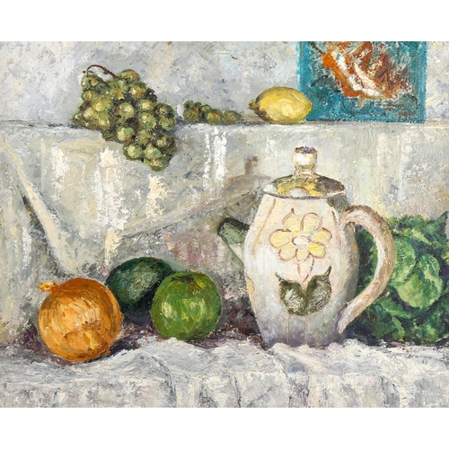 1352 - Modern British oil on board, still life study, unsigned, 45cm x 53cm, framed