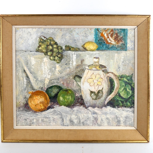 1352 - Modern British oil on board, still life study, unsigned, 45cm x 53cm, framed