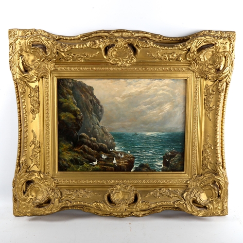 1353 - An early to mid-20th century oil on board, rocky coastal scene, signed with indistinct initials, 30c... 