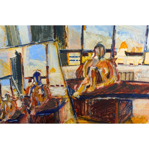 1354 - Mid-20th century oil on board, the artist's studio, unsigned, 38cm x 60cm, framed