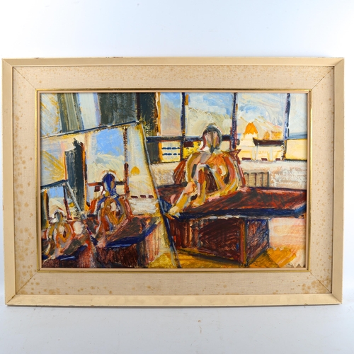 1354 - Mid-20th century oil on board, the artist's studio, unsigned, 38cm x 60cm, framed