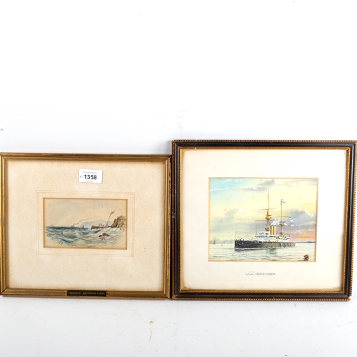 1358 - R Davidson, watercolour, coastal scene, 8cm x 14cm, and watercolour, HMS Prince George, by a differe... 