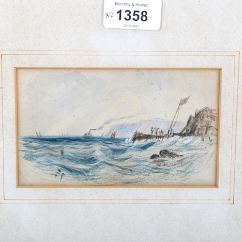 1358 - R Davidson, watercolour, coastal scene, 8cm x 14cm, and watercolour, HMS Prince George, by a differe... 