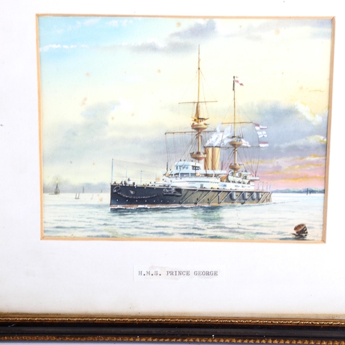 1358 - R Davidson, watercolour, coastal scene, 8cm x 14cm, and watercolour, HMS Prince George, by a differe... 