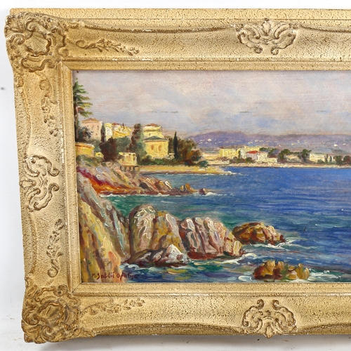 1359 - M Sablic, oil on board, coastal view of Opatija Croatia, signed, 20cm x 36cm, framed