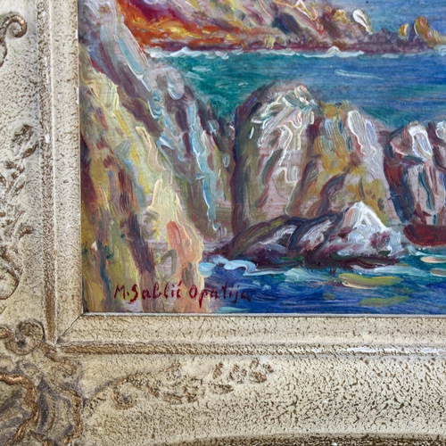 1359 - M Sablic, oil on board, coastal view of Opatija Croatia, signed, 20cm x 36cm, framed