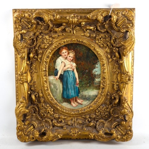 1362 - Gustave Holte, oil on panel, portrait of 2 children, signed, 25cm x 18cm, framed