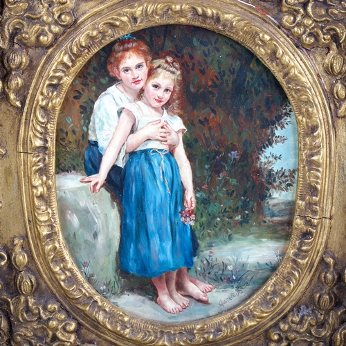 1362 - Gustave Holte, oil on panel, portrait of 2 children, signed, 25cm x 18cm, framed