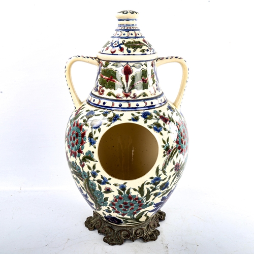 227 - An Hungarian pottery lidded vessel on bronze base, height 42cm