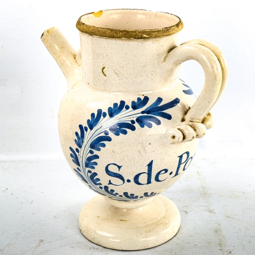 228 - A French tin-glazed pottery drugs ewer, with painted decoration, height 22cm