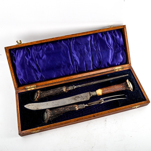 233 - A horn-handled carving set in oak case