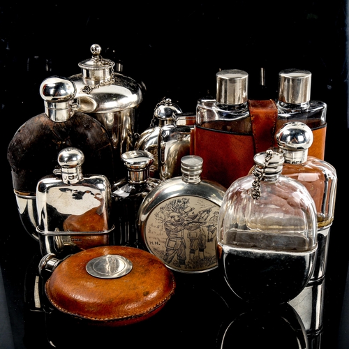 241 - A collection of hip flasks and spirit flasks, including some silver